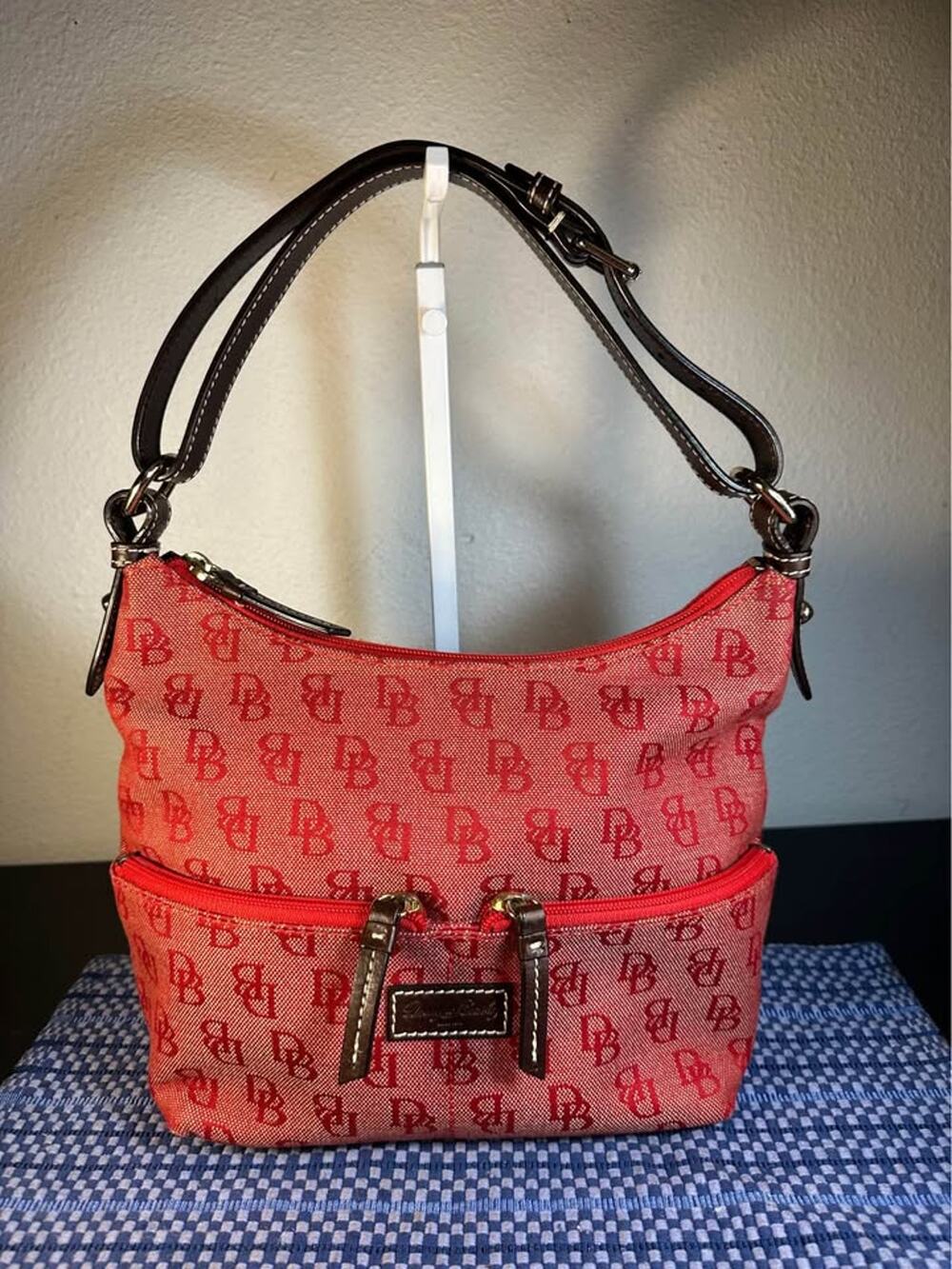 Dooney & Bourke Vintage Signature Double-Pocket Hobo Bag - Red Monogram